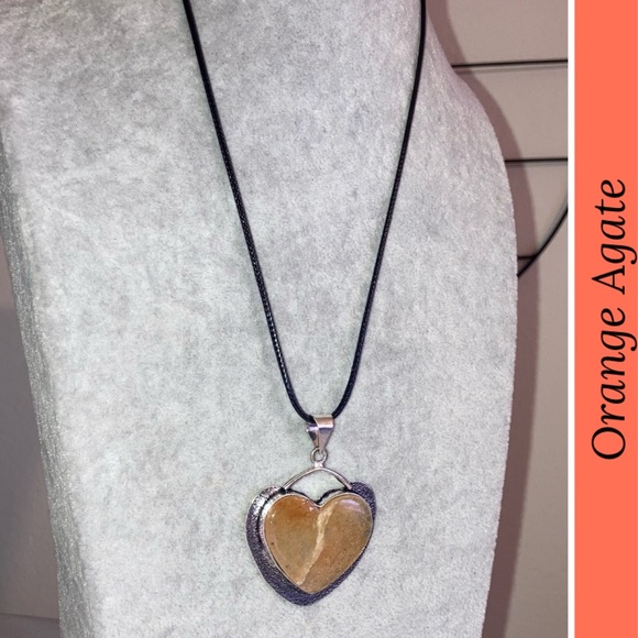 Orange Agate Gemstone Handmade Heart Halo Pendant Necklace - Picture 5 of 6